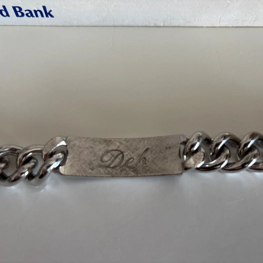 Vintage Speidel ID Bracelet Black‎ Silver Tone Thick Chain Engraved TOM 8.5